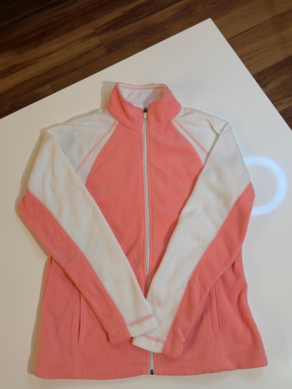 Tek Gear Women’s Fleece Jacket Size L Coral Pink & White Full Zip (000082)
